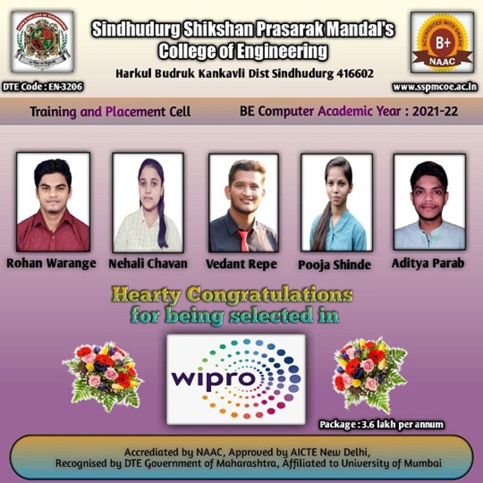 Congratulations to students for placements in Wipro 2021-22