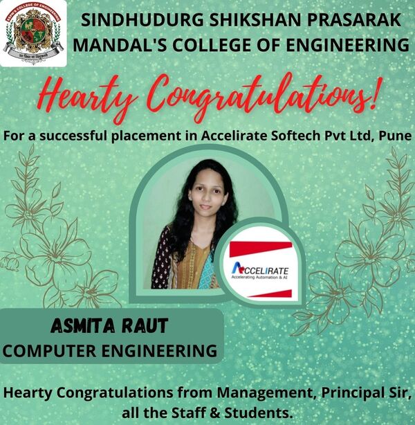 Ms. Asmita Raut - Heartly congratulations for successful placement in Accelirate Softtech Pvt. Lmt., Pune