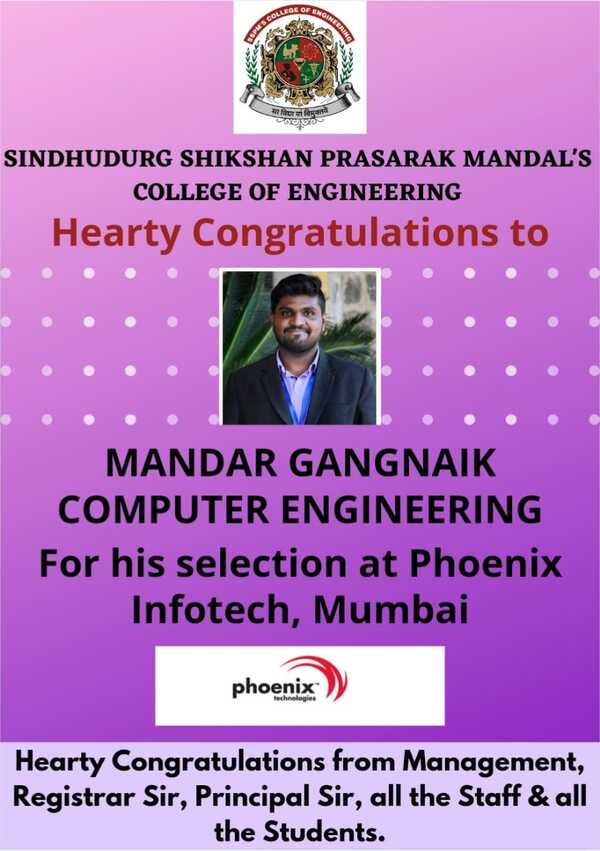 Mr. Mandar Ganganaik - Congratulations for selection in Phoenix Infotech, Mumbai