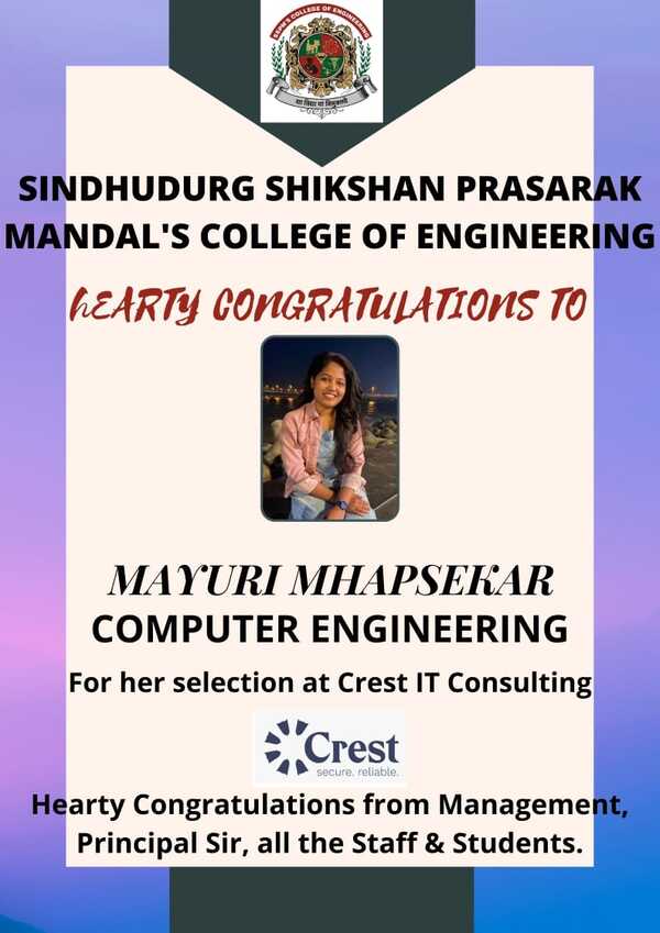 Ms. Mayuri Mhapsekar - Heartly congratulations for successful placement in Crest IT Consulting