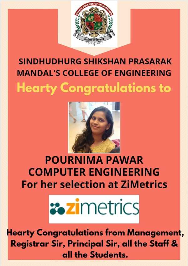 Ms. Pournima Pawar - Congratulations for selection in ZiMetrics