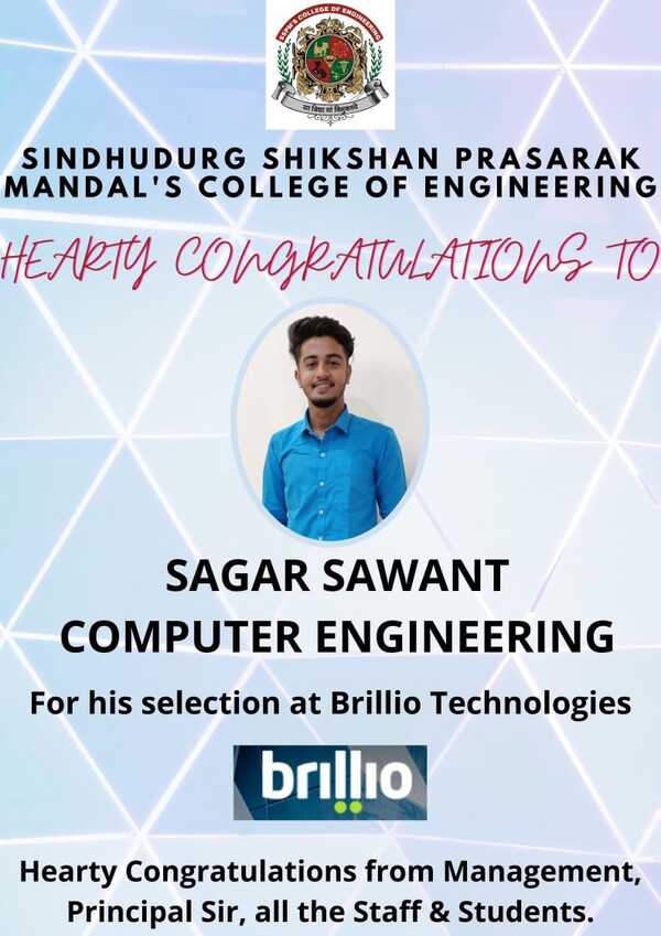 Mr. Sagar Savant - Heartly congratulations for successful placement in Brillio Technologies
