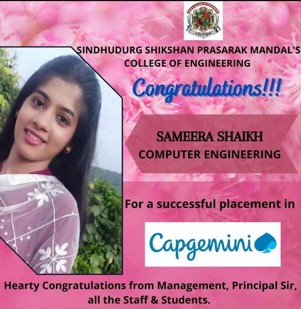Ms. Sameera Shaikh - Heartly congratulations for successful placement in Capgemini