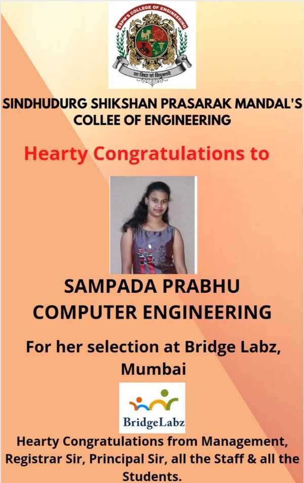 Ms. Sampada Prabhu - Heartly congratulations for successful placement in Bridge Labz, Mumbai