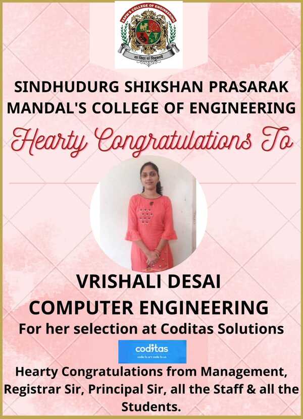 Ms. Vrishali Desai - Congratulations for selection in Coditas Solutions