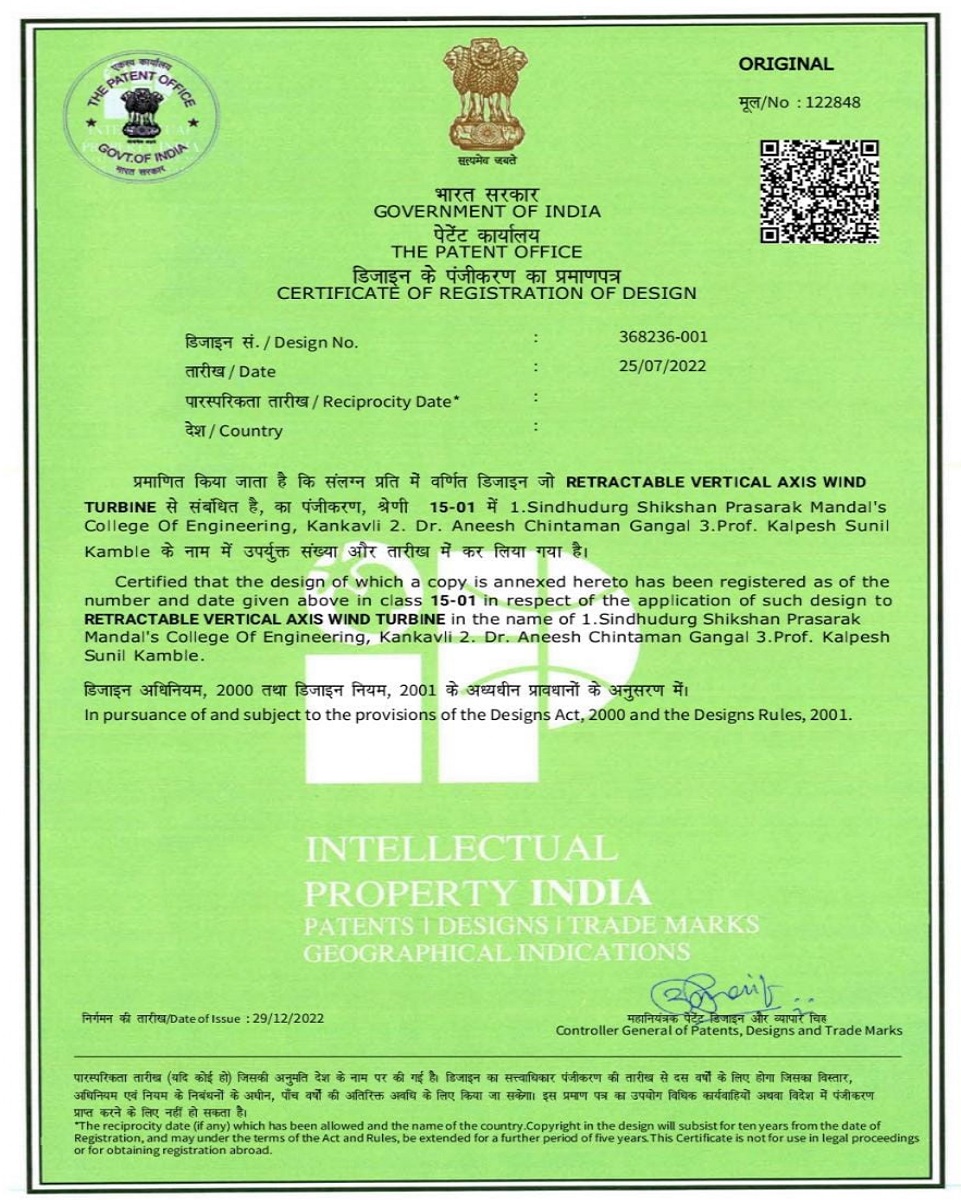 First ever design patent registered in the name of institute